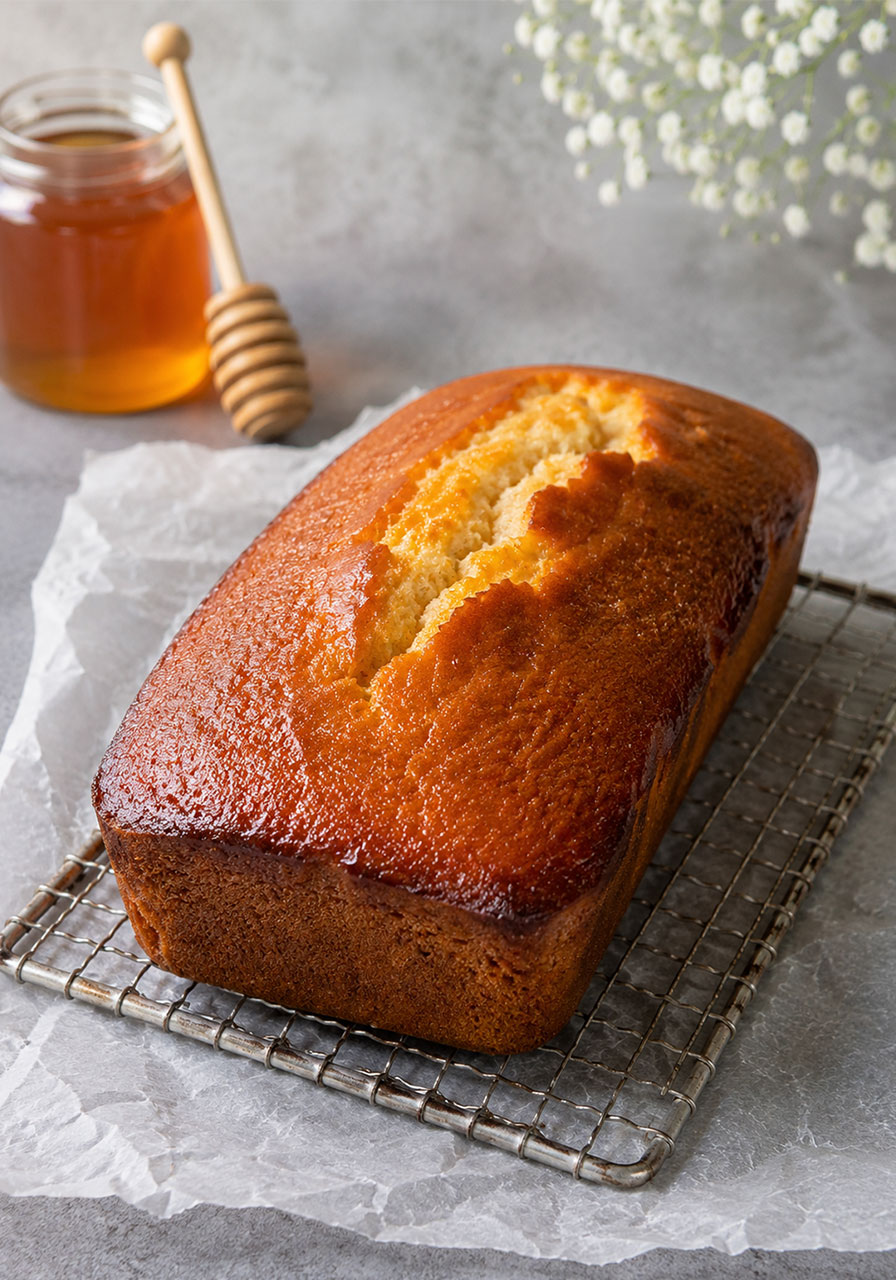 Moist honey tea cake loaf with golden honey glaze, just like grandma's recipe