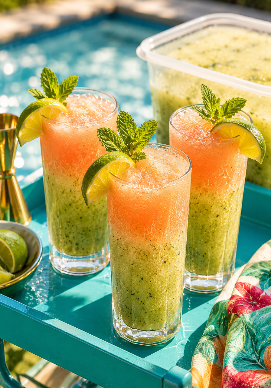 Frozen lime mojito slush in glasses with mint and lime garnish – easy make-ahead adult pool party cocktail