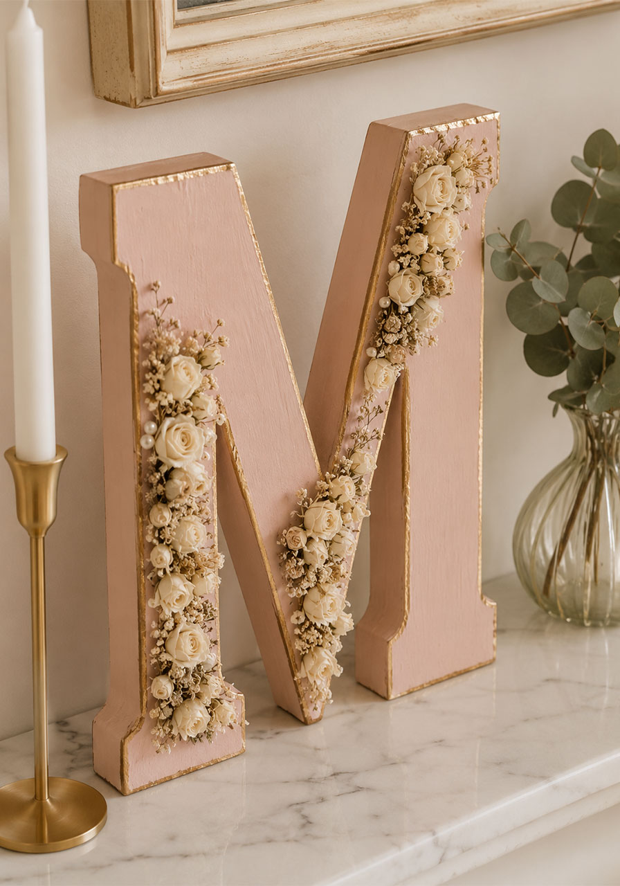Blush pink wooden monogram letter with gold leaf and dried roses on marble shelf for bridal shower decor