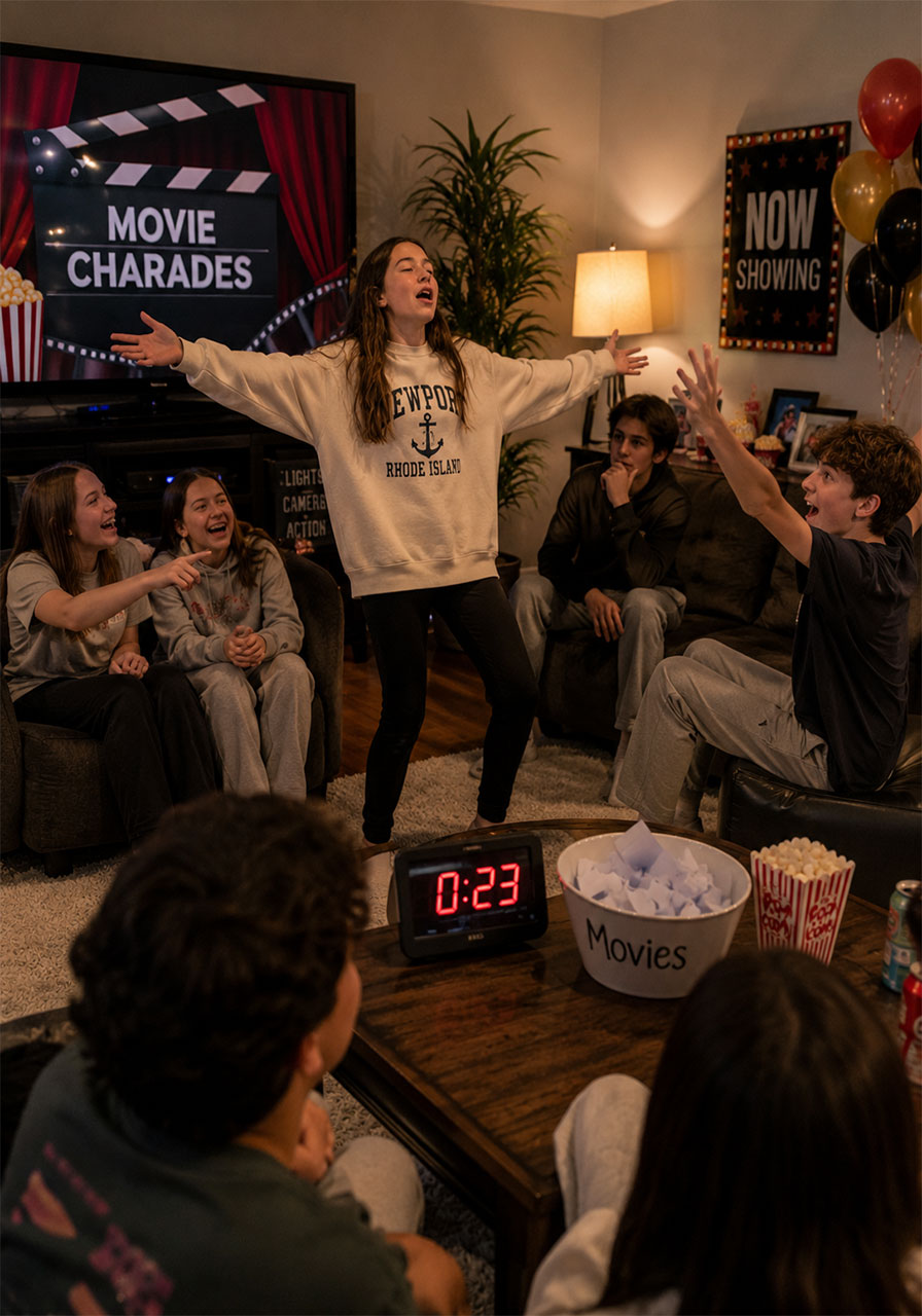 Girl acting out a movie title in a dramatic pose while friends try to guess during movie charades at a birthday party