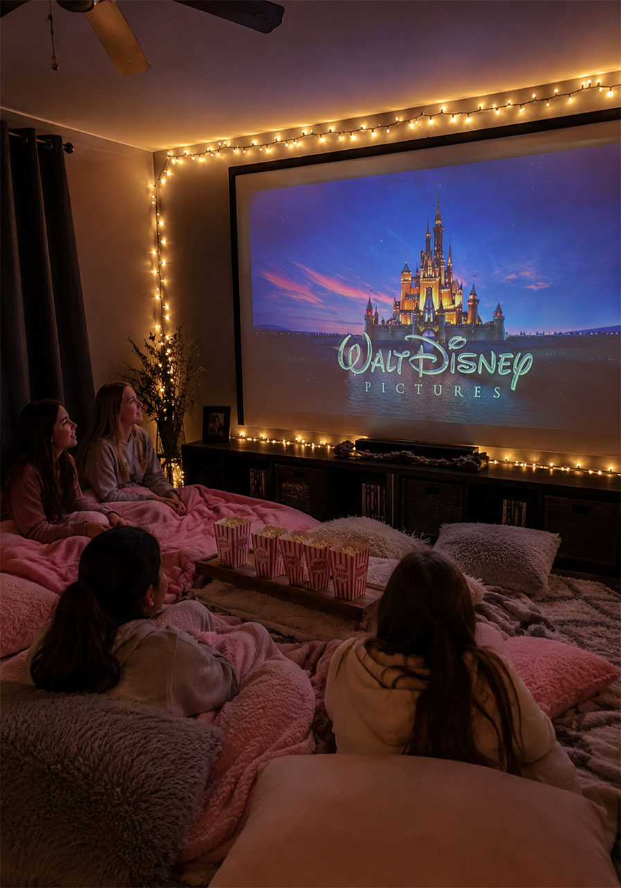 Cozy indoor movie night setup with projector screen fairy lights and popcorn for teen slumber party