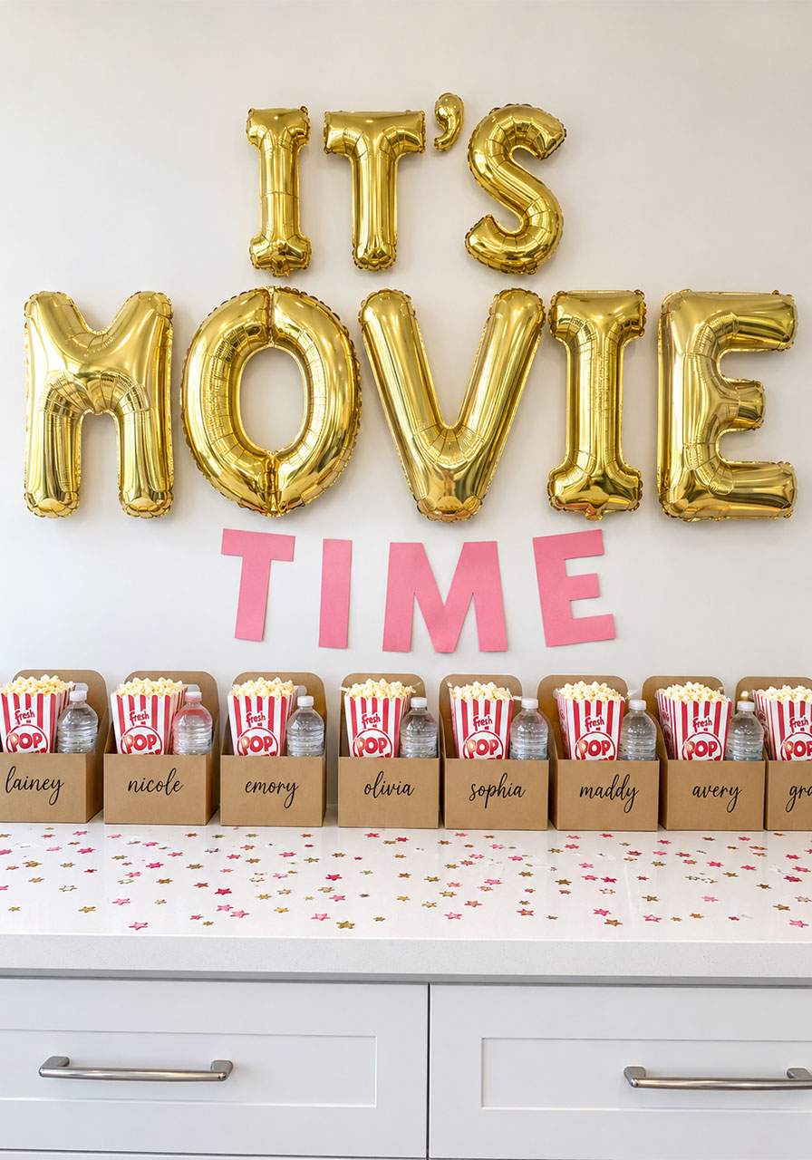 Movie night 18th birthday party snack station with personalized kraft boxes and gold balloon letters spelling It's Movie Time