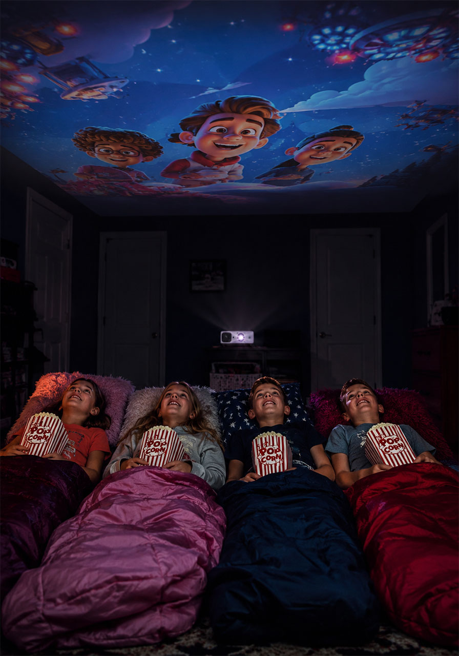 Children lying on sleeping bags watching a movie projected on the ceiling at a birthday party