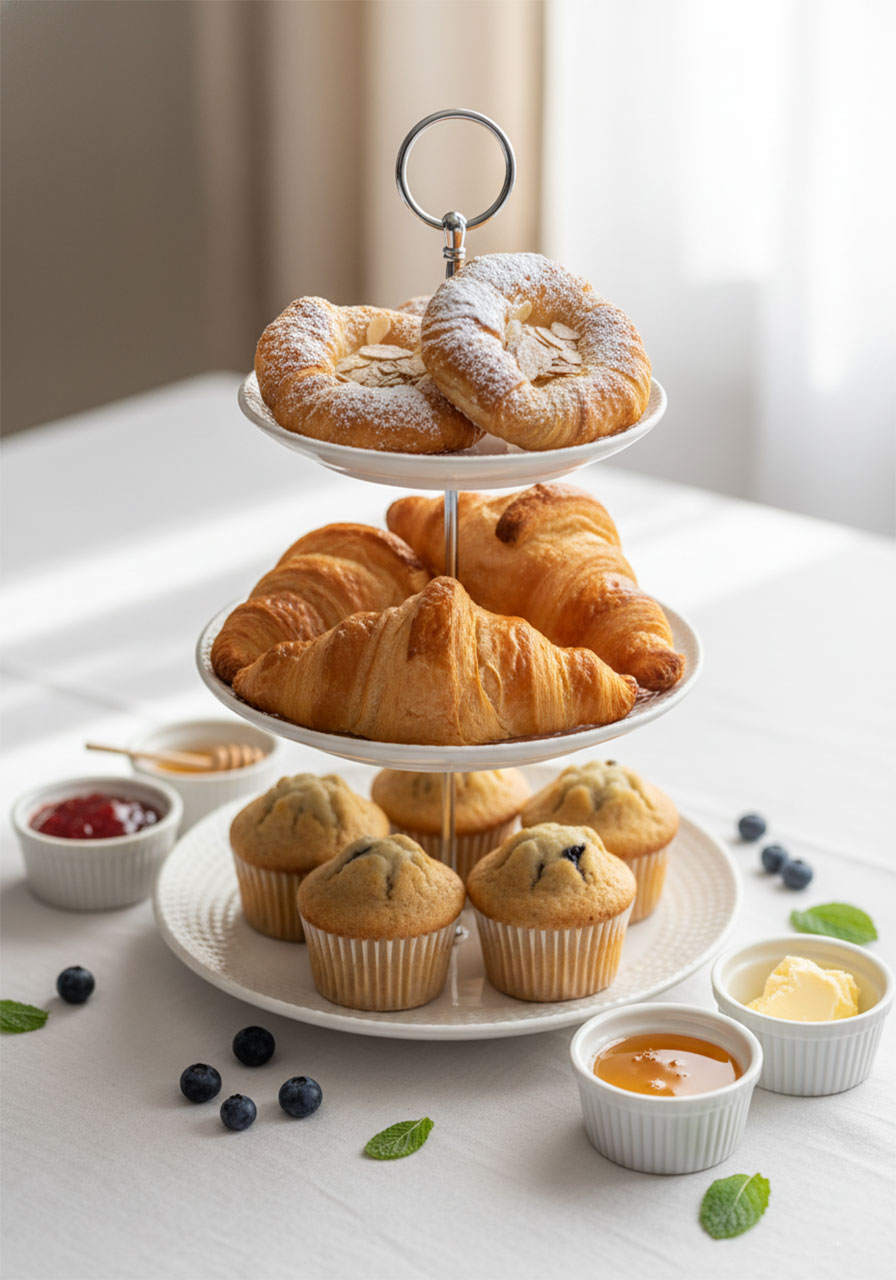 Three-tiered stand with croissants mini muffins and danish pastries for bridal shower brunch