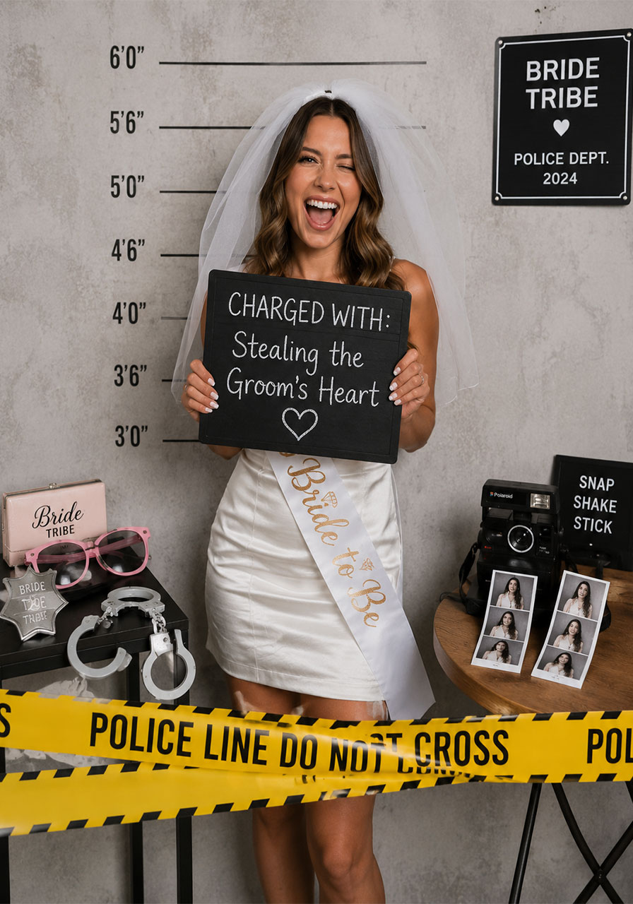 Mugshot bachelorette party photo booth decoration with chalkboard sign, police tape, and bridal veil