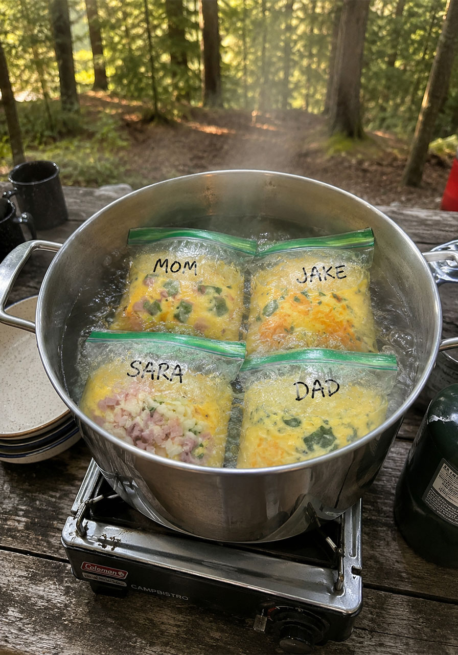 Four labeled Ziploc omelet bags boiling simultaneously in a large pot at a campsite, showing how to cook omelets for the whole group at once