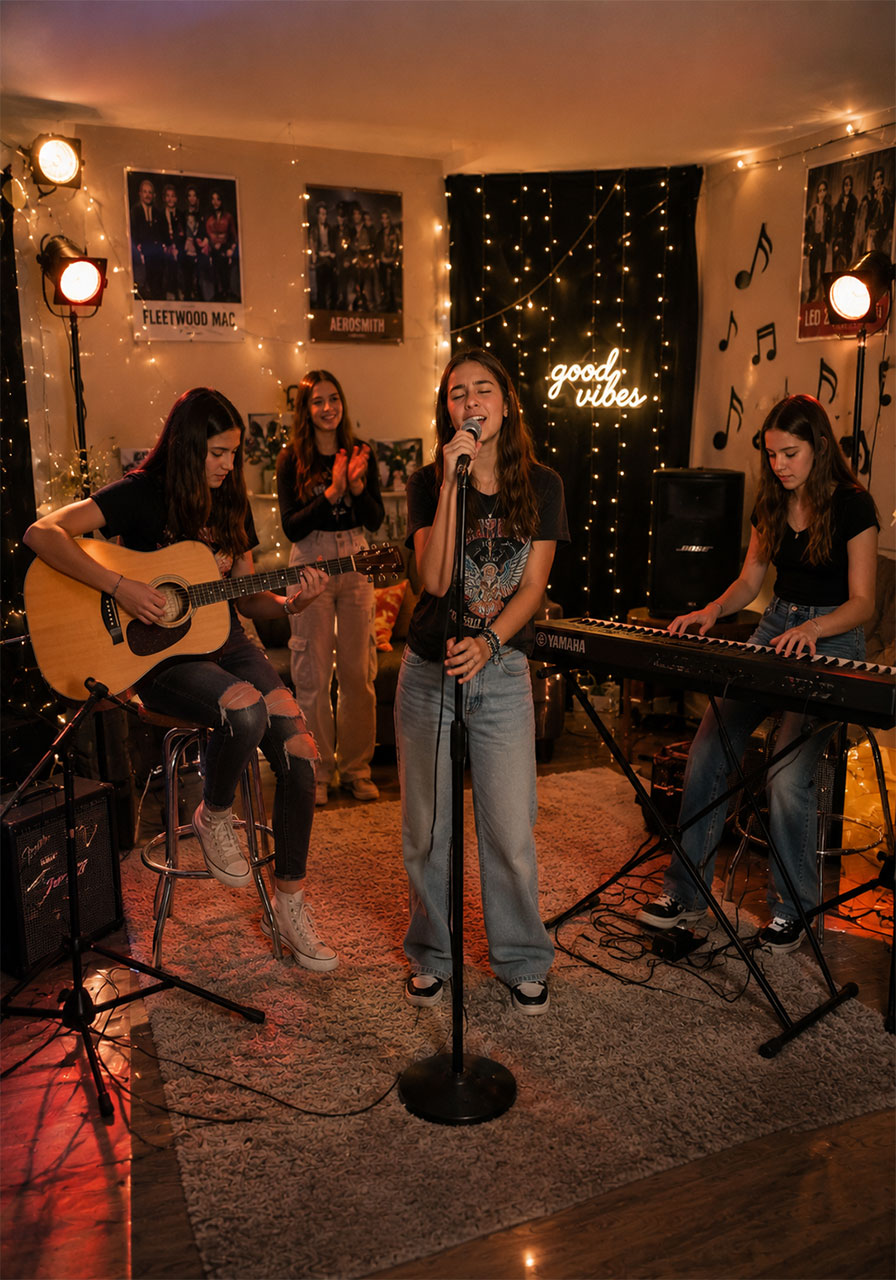 Teen girls playing guitar singing and performing at music jam session birthday party with stage setup