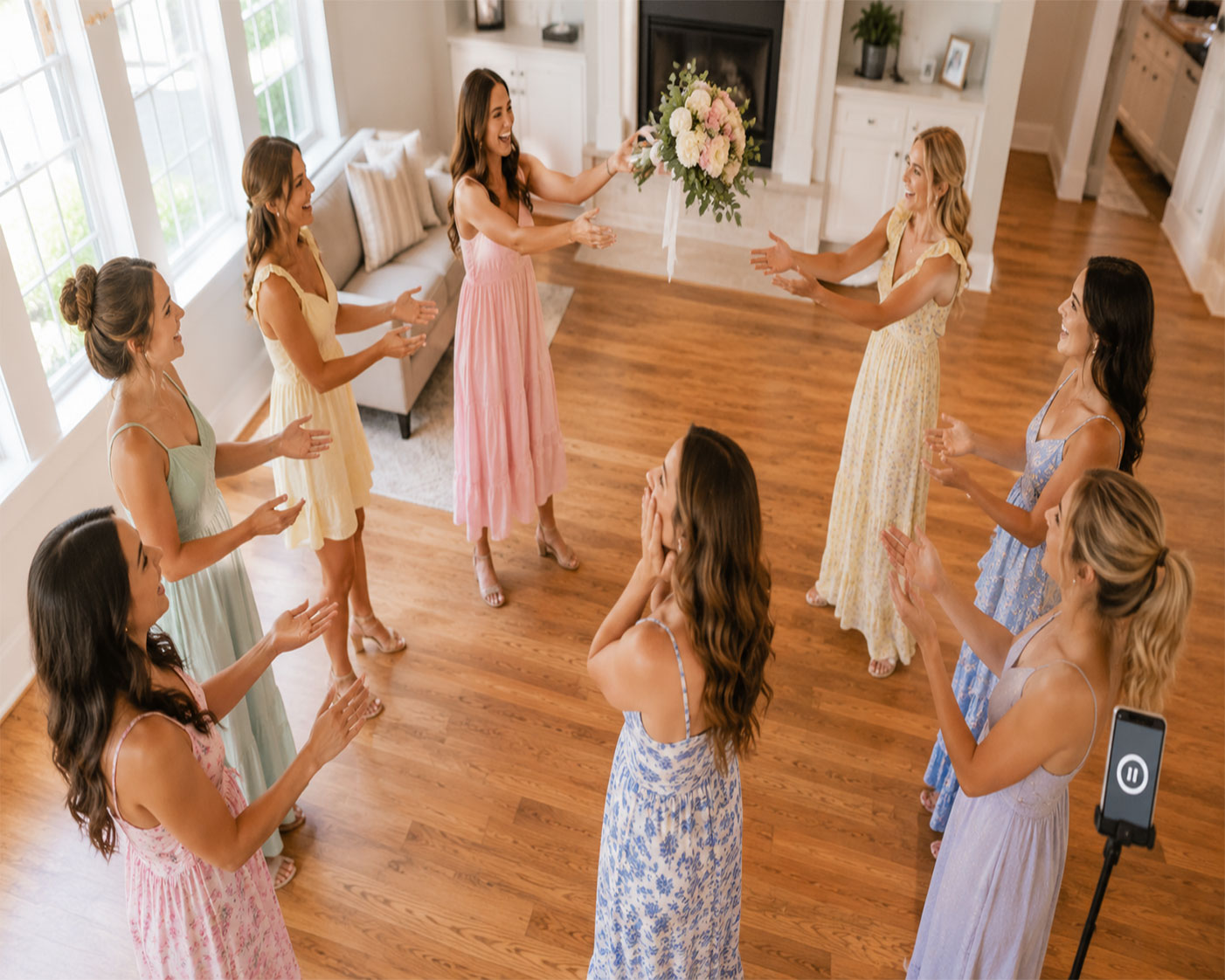 Bridal shower guests standing in a circle passing a bouquet of flowers during the musical bouquet game