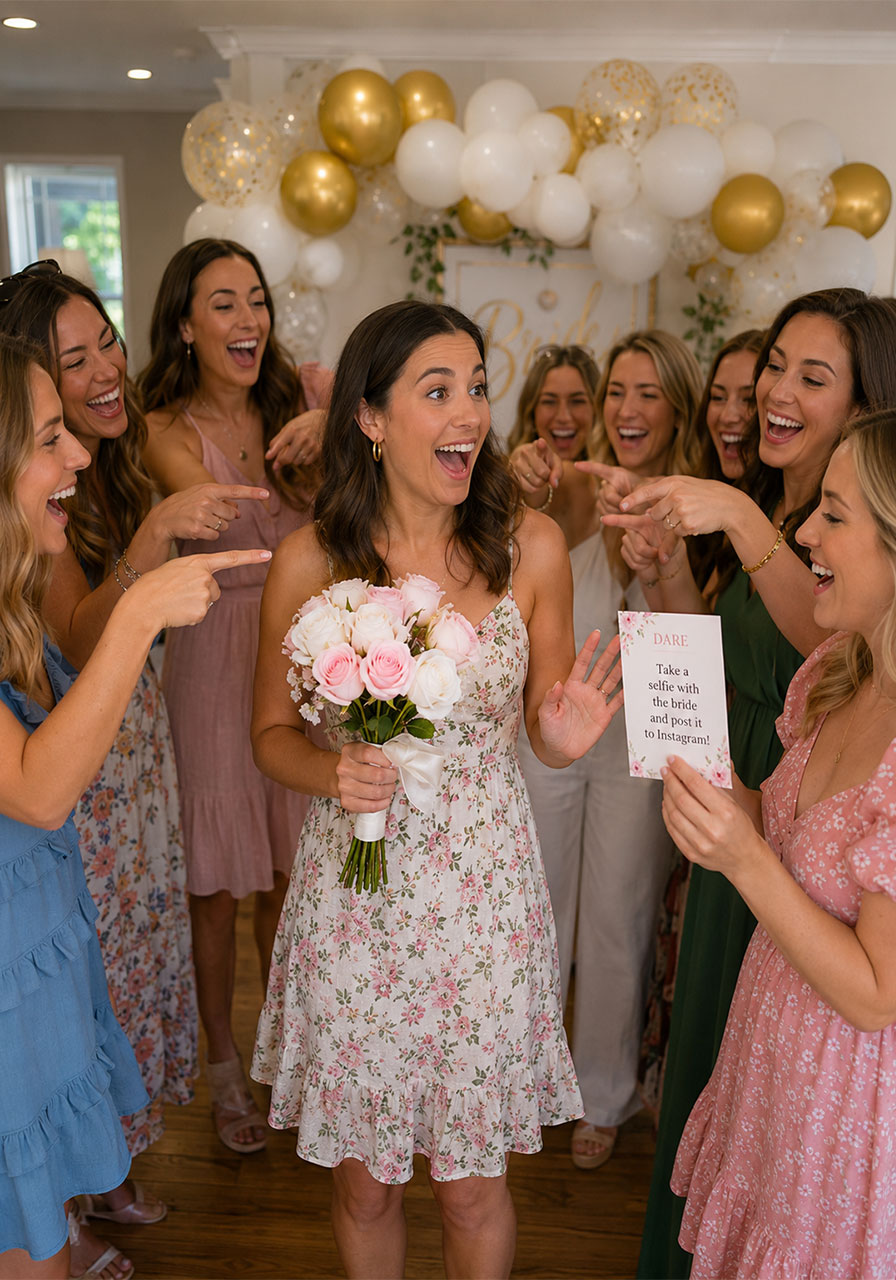 Bridal shower guest caught holding the bouquet when music stops laughing while friend reads a dare card during Musical Bouquet game