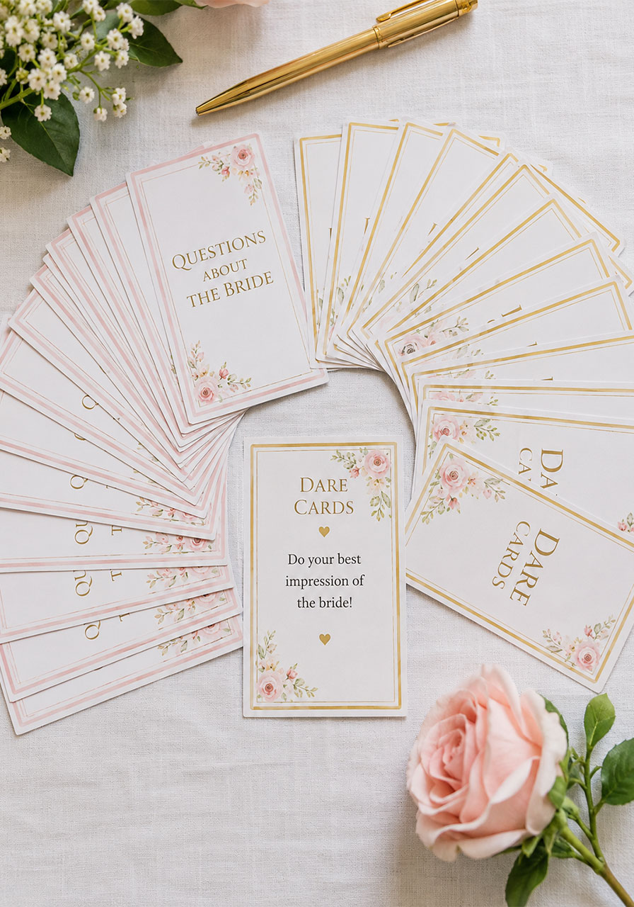 Printed bridal shower question and dare cards fanned out in flat lay for pass the bouquet musical bouquet game