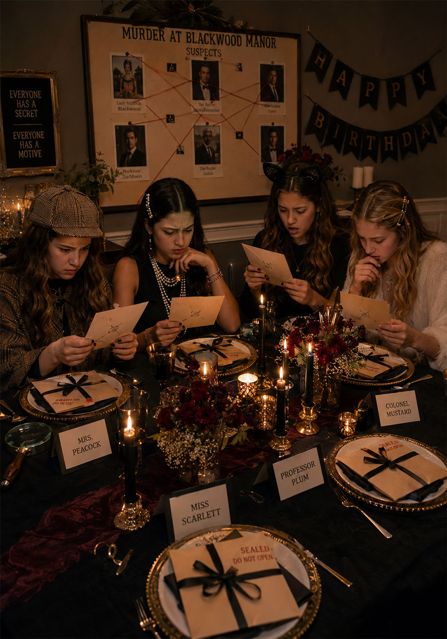 Teen girls at murder mystery dinner party with clue envelopes and suspect board for birthday celebration