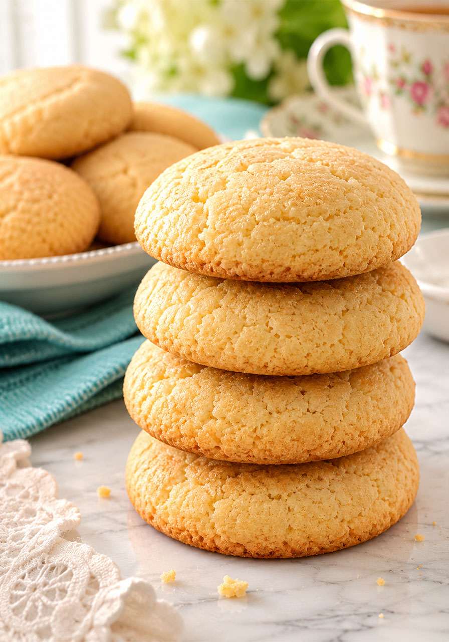 Nanny's old fashioned Southern tea cakes stacked on a white marble counter