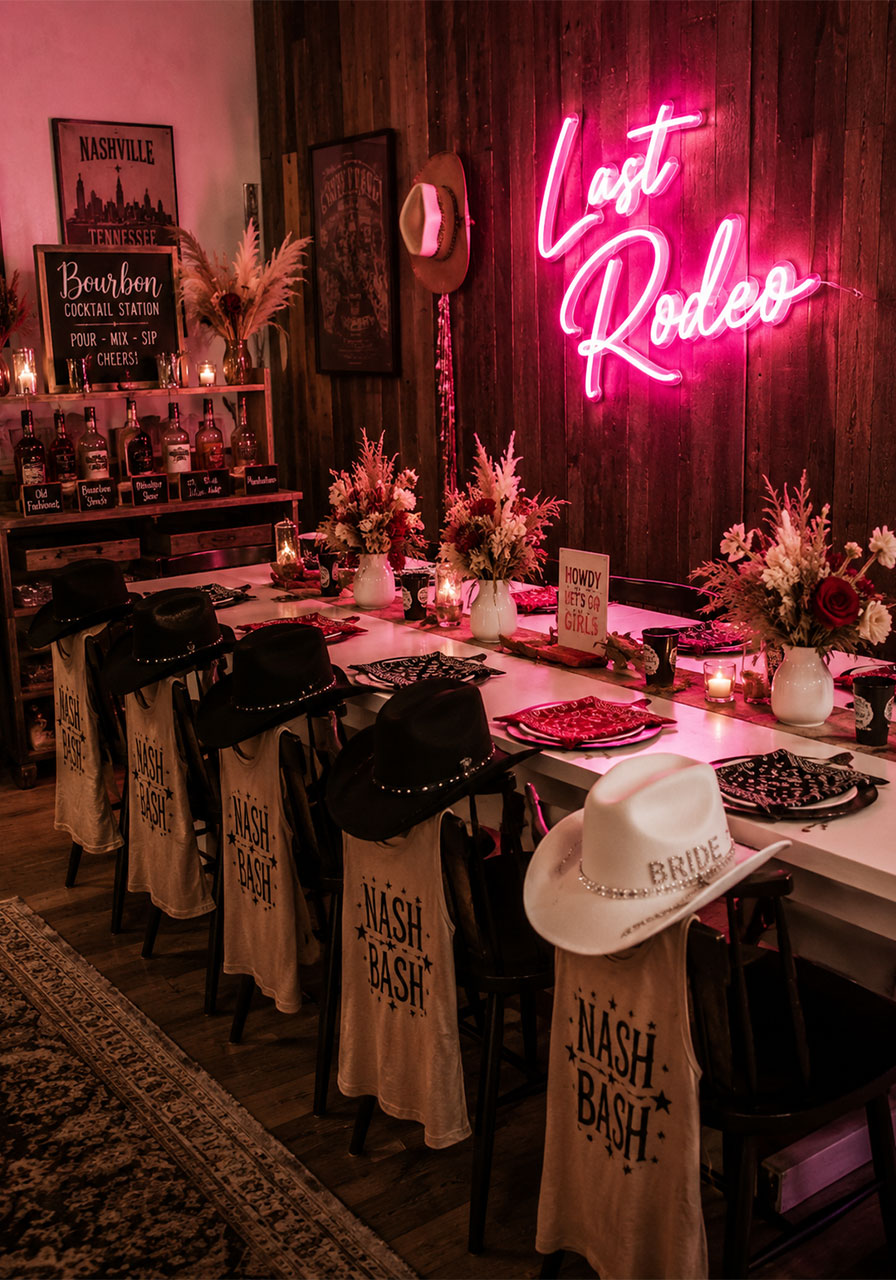 Nash Bash Nashville bachelorette party decorations with cowboy hats, neon sign, and bourbon cocktail bar