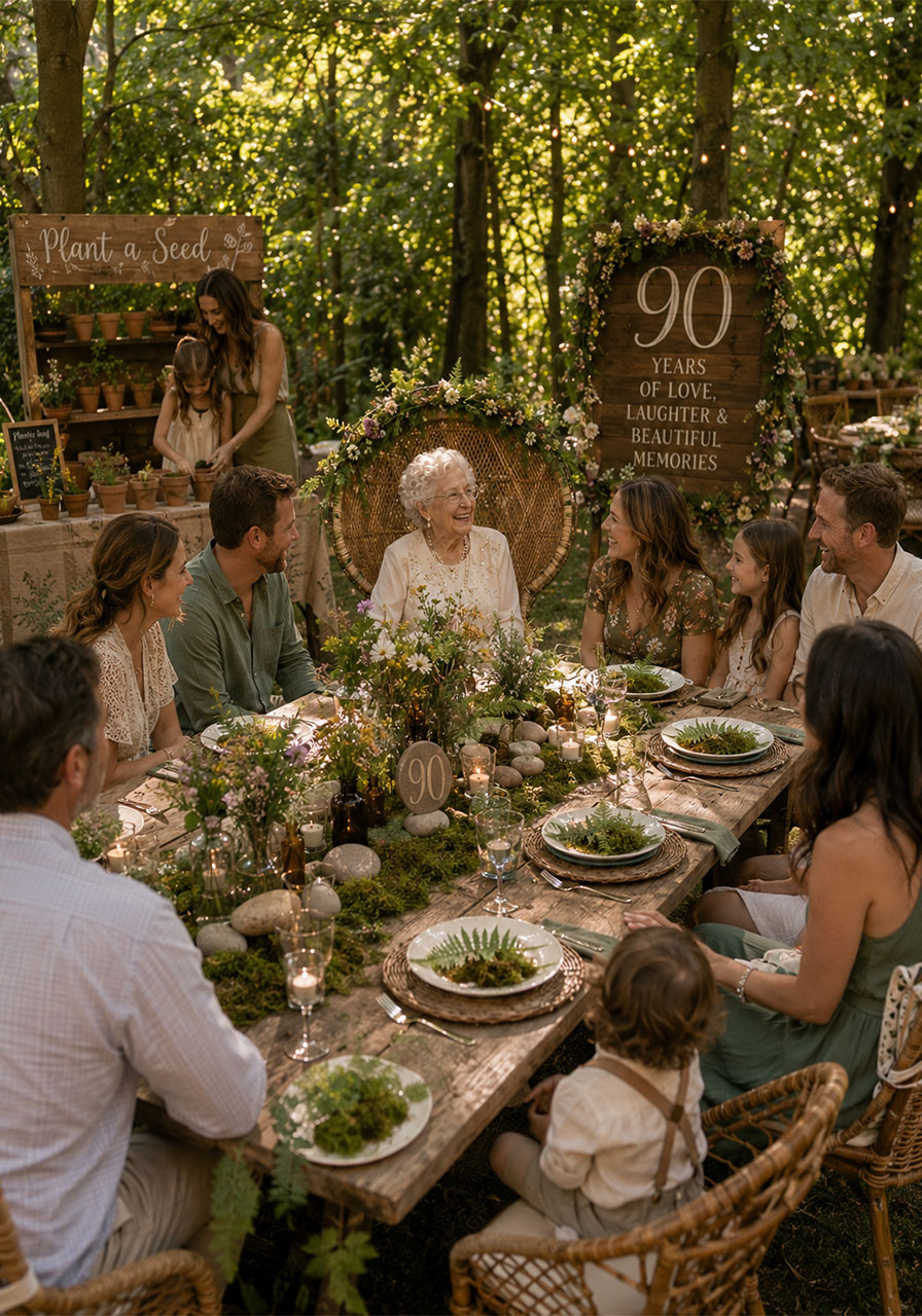Nature-inspired 90th birthday outdoor party with wooden farm tables, wildflower centerpieces, and woodland setting
