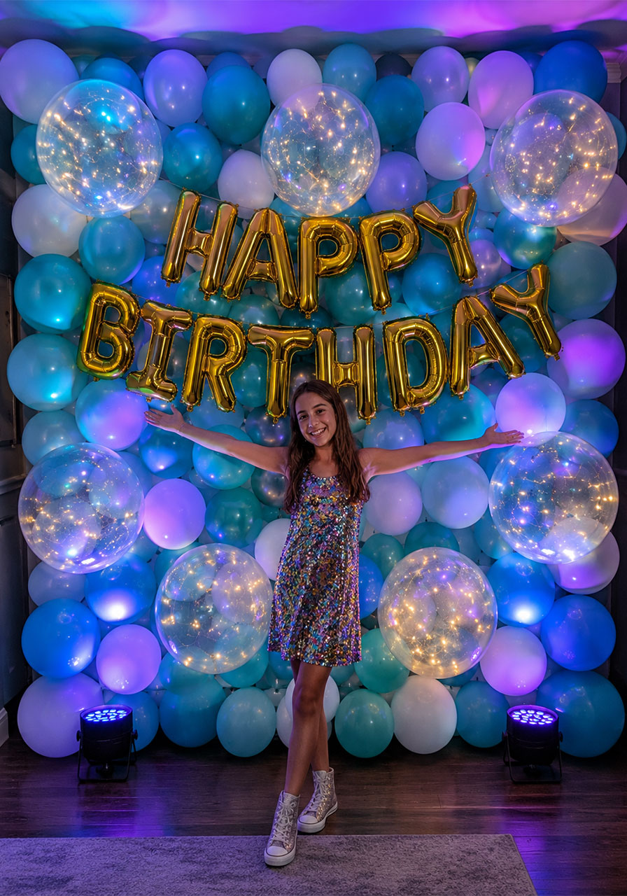 Neon balloon wall birthday party backdrop with glowing bobo balloons and LED uplights for photos