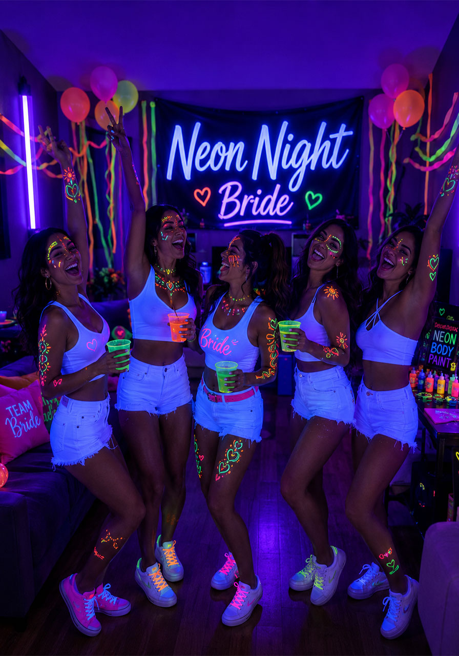 Neon Night bachelorette party decorations with UV blacklight, glowing body paint, and neon balloons