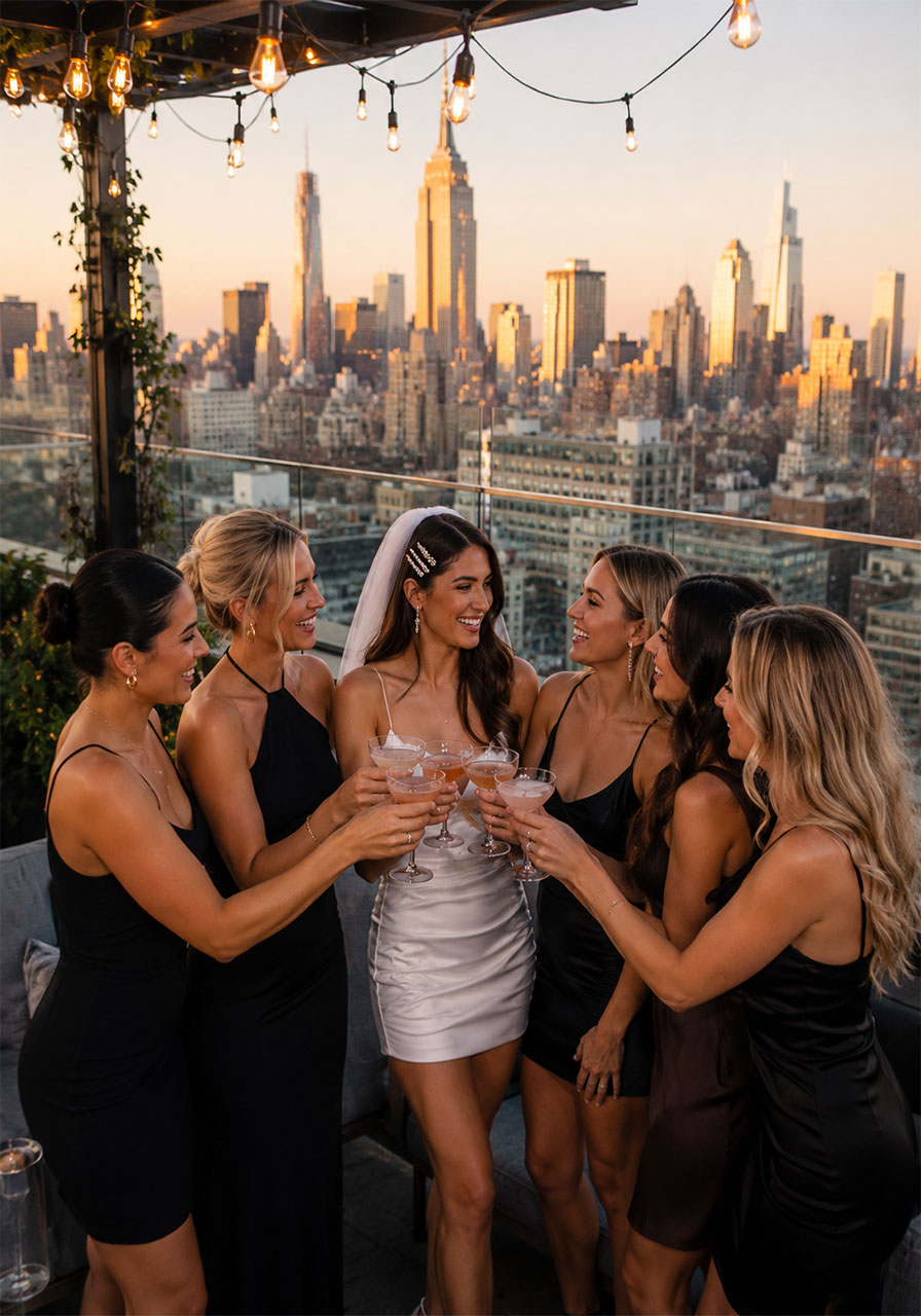 Bachelorette party group toasting cocktails at a New York City rooftop bar with Manhattan skyline at sunset