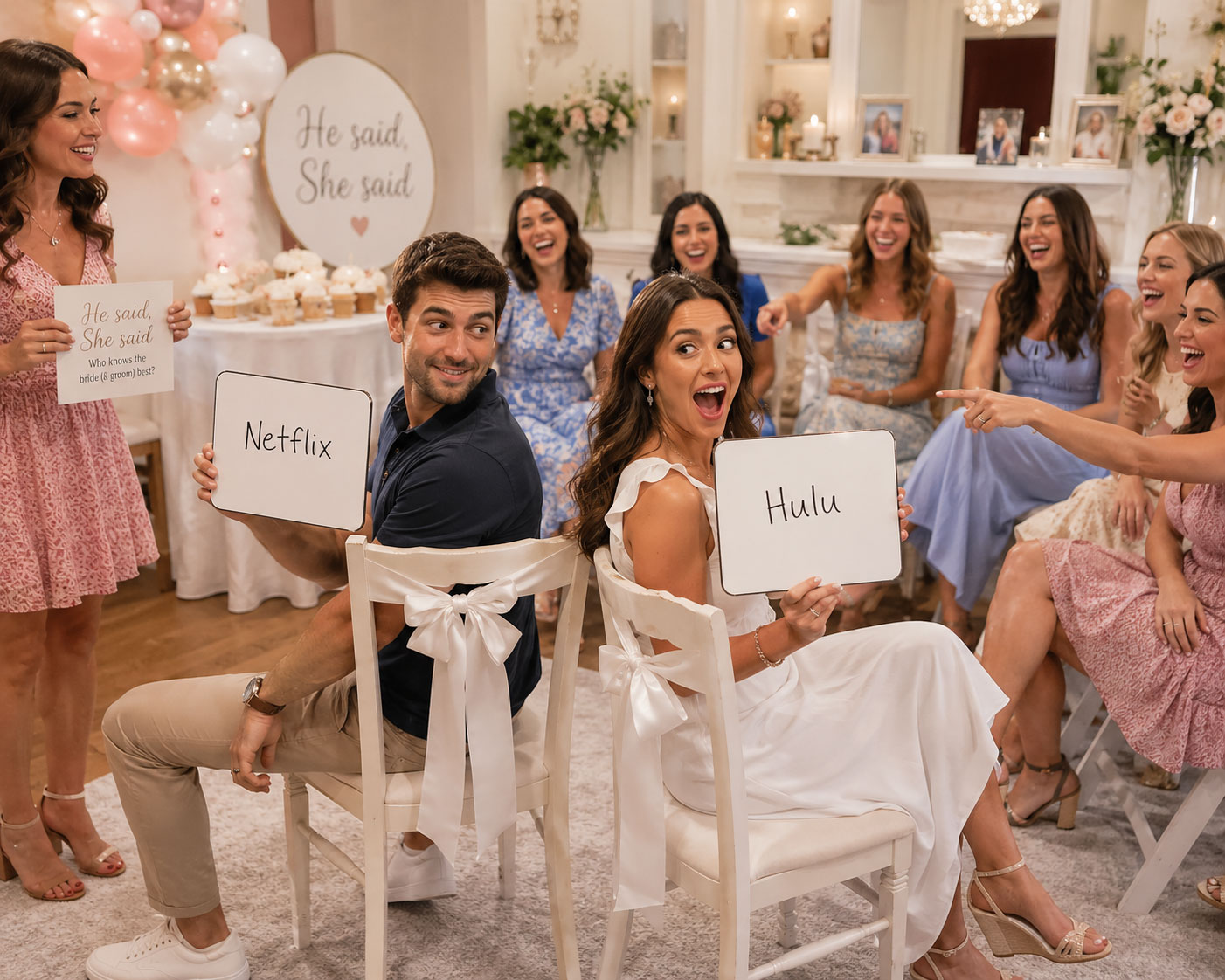 Bride and groom seated back to back revealing mismatched answers on whiteboards during the newlywed game at a bridal shower