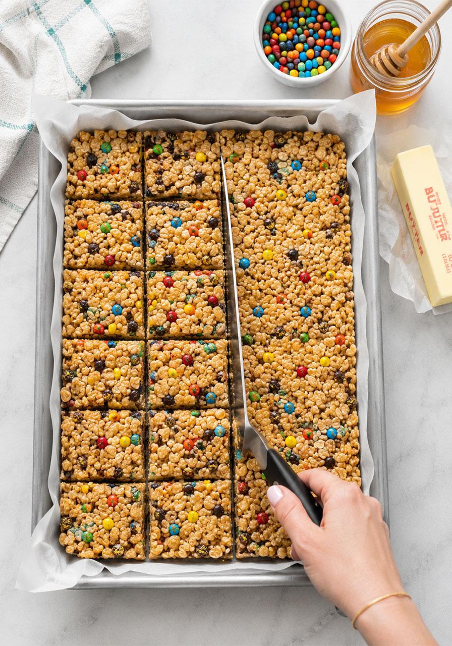 No-bake cereal cookie bars being cut in a parchment-lined pan showing Rice Krispies, oats, M&Ms, and marshmallow filling