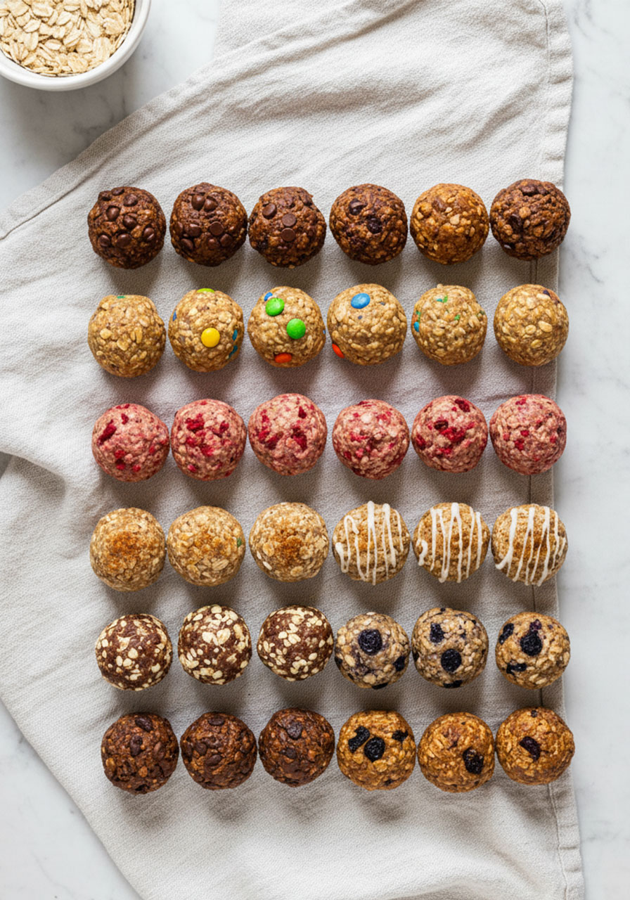 Assorted no-bake energy bites in five flavors arranged on linen — healthy easy pool party snack for kids
