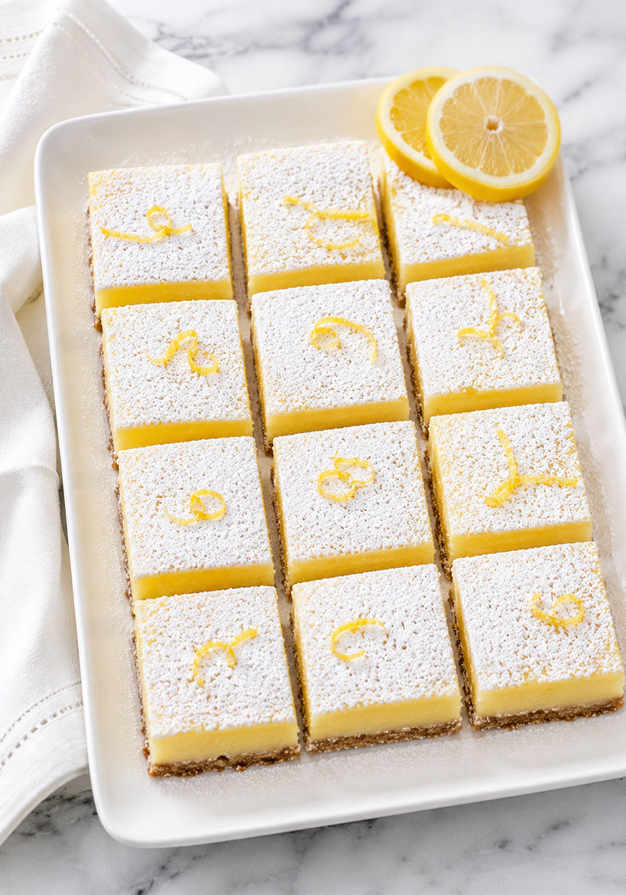 No-bake lemon bars with graham cracker crust and powdered sugar on white platter for summer party dessert
