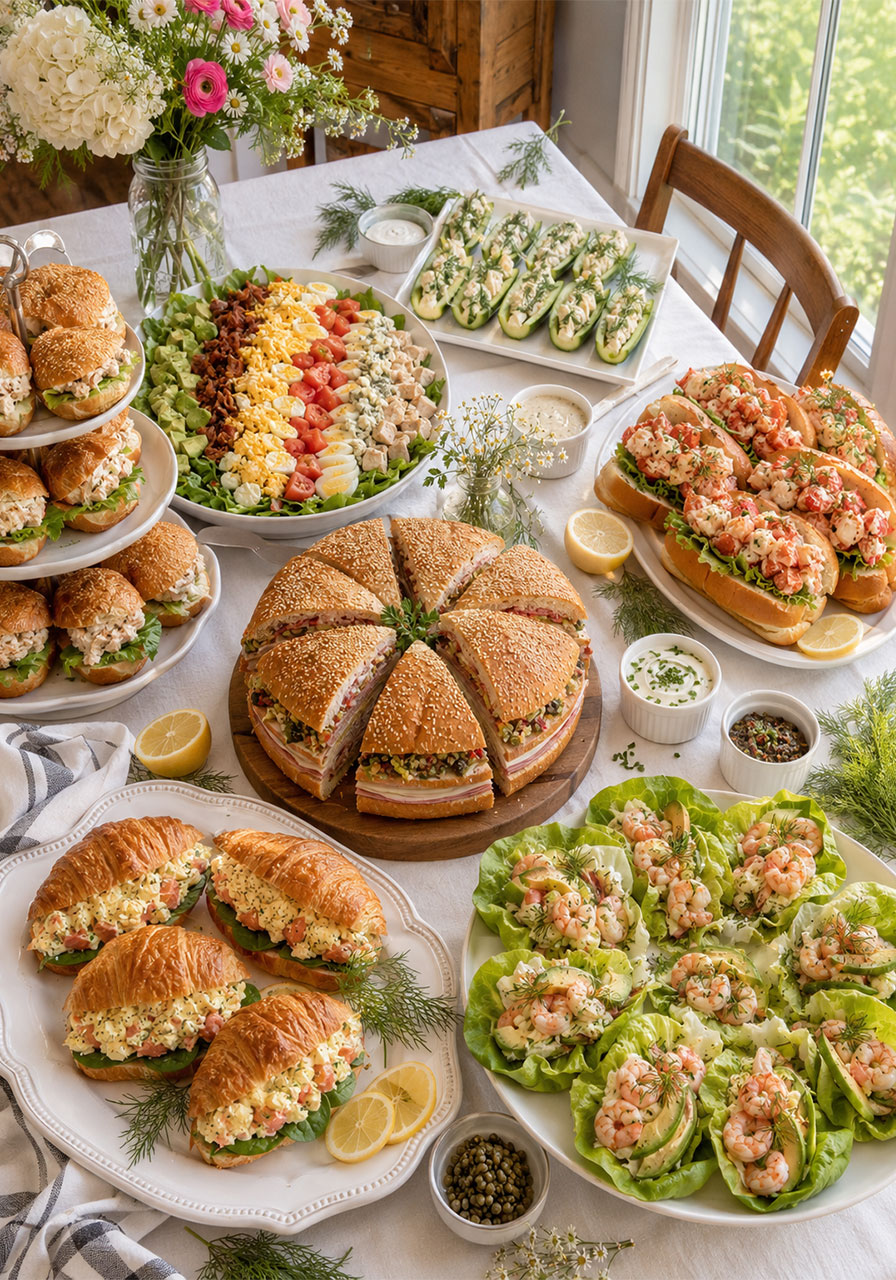 No-cook summer dinner party spread with Muffuletta Cobb salad lobster rolls and chicken salad sandwiches on a farmhouse table