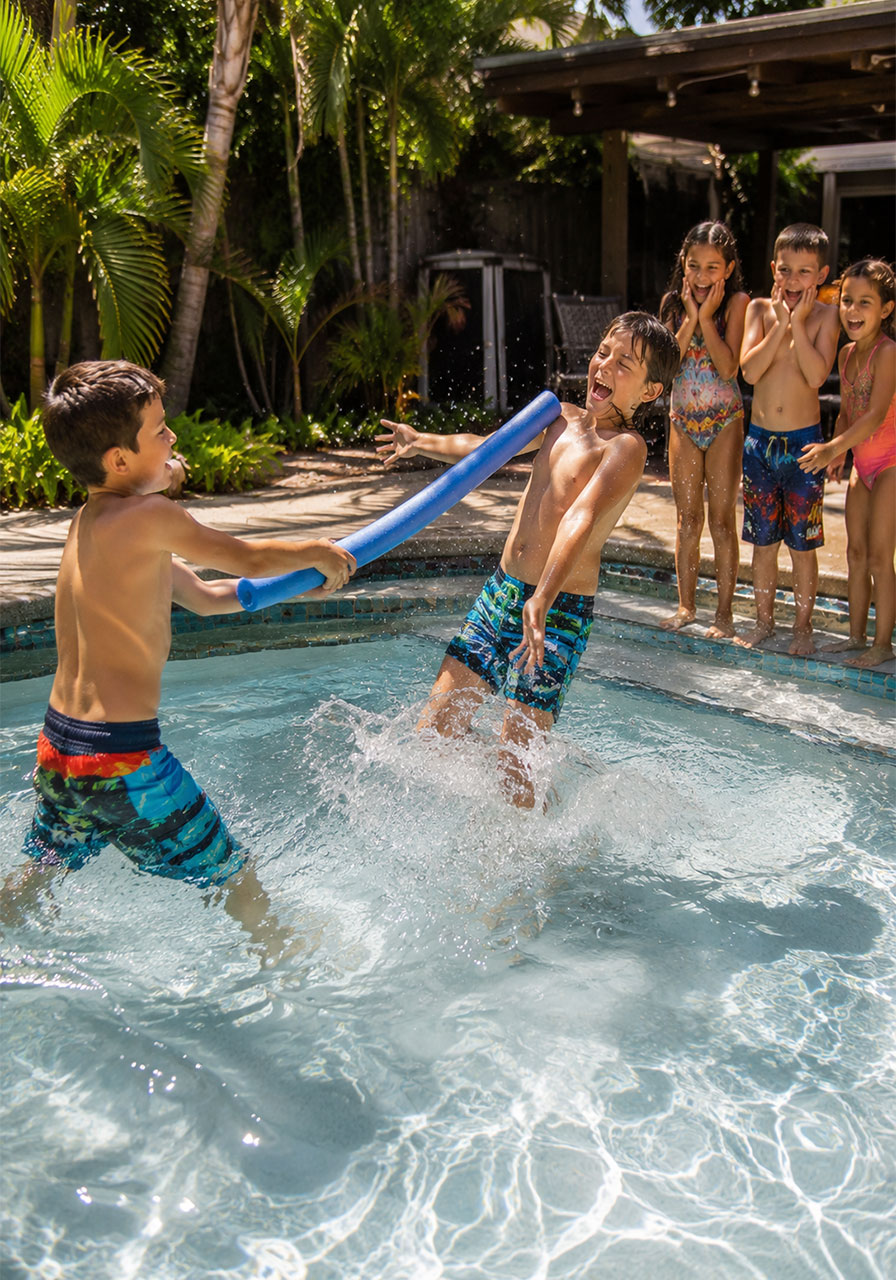 Two kids jousting with foam pool noodles standing in shallow pool in kid-friendly noodle jousting game