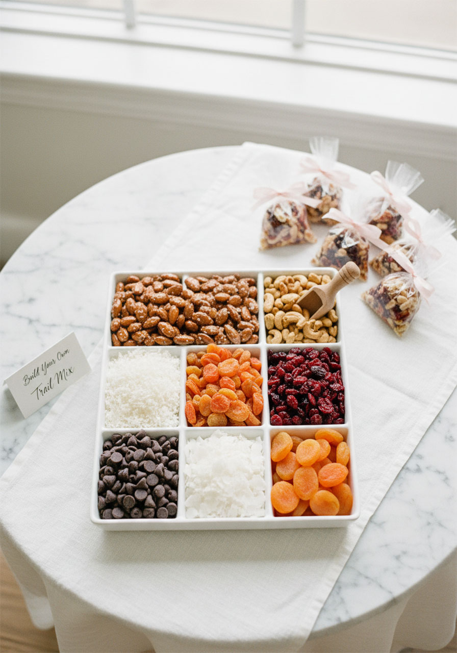 Build your own trail mix station with nuts dried fruit and chocolate for bridal shower finger food