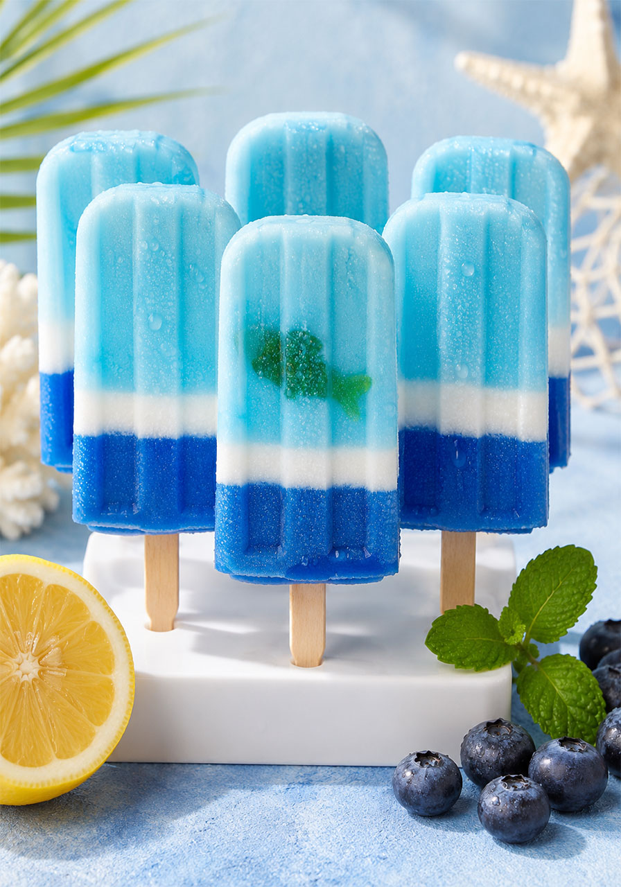 Layered ocean blue lemonade popsicles with coconut cream stripe for an under the sea birthday party