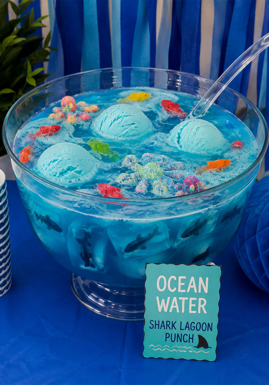 Ocean blue shark lagoon punch bowl with blue sherbet gummy fish and shark ice cubes for kids shark themed birthday party drinks