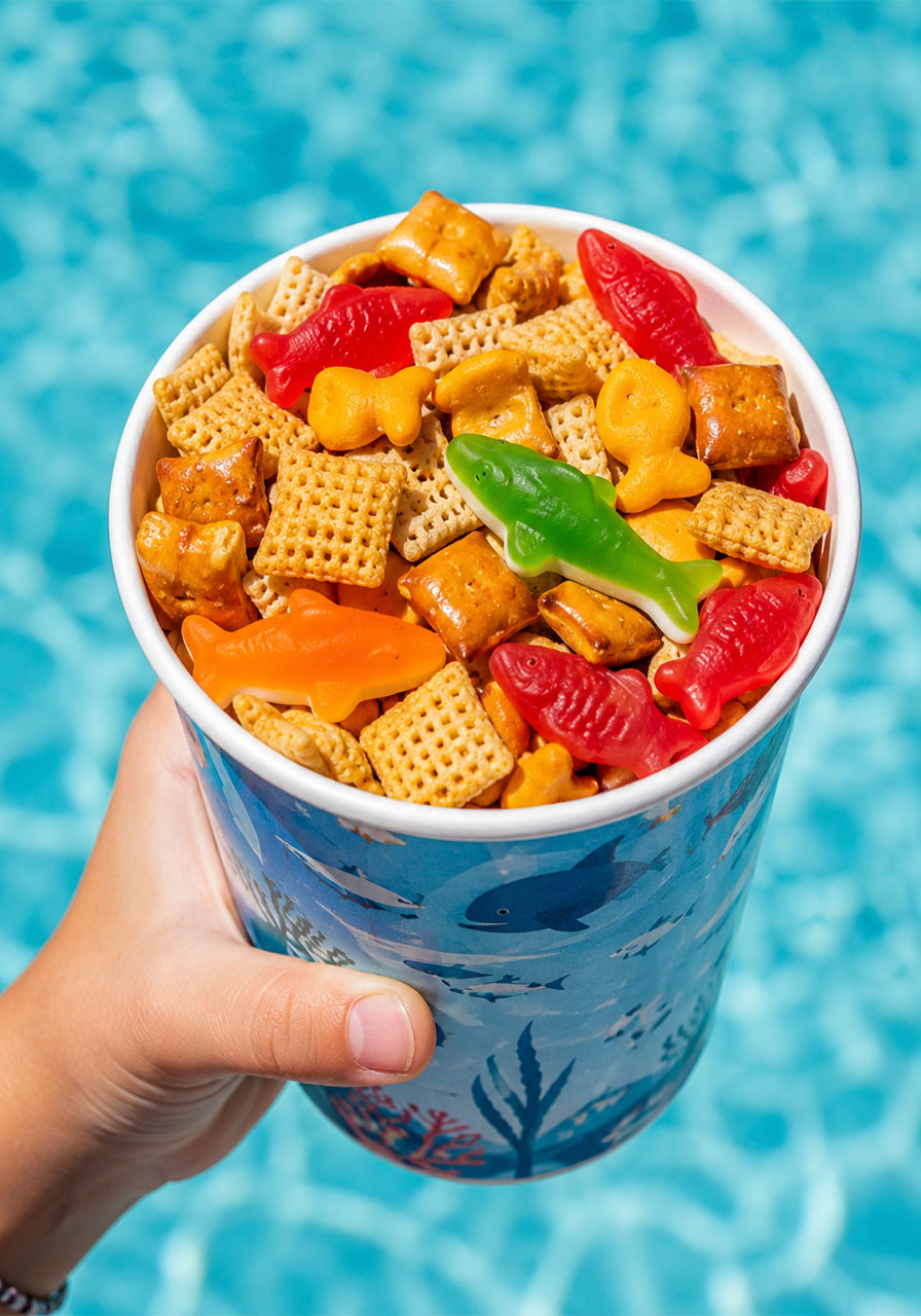 Child holding a paper cup of ocean-themed fish food snack mix with Goldfish, Swedish Fish, and gummy sharks at a pool party