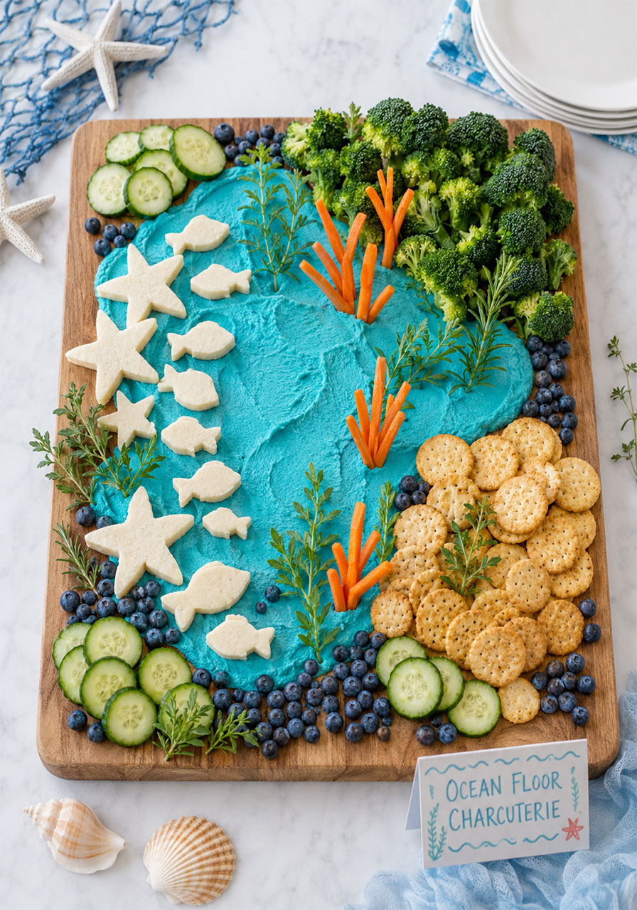 Ocean floor-themed charcuterie board with blue hummus seaweed and fish-shaped cheese for an under the sea party