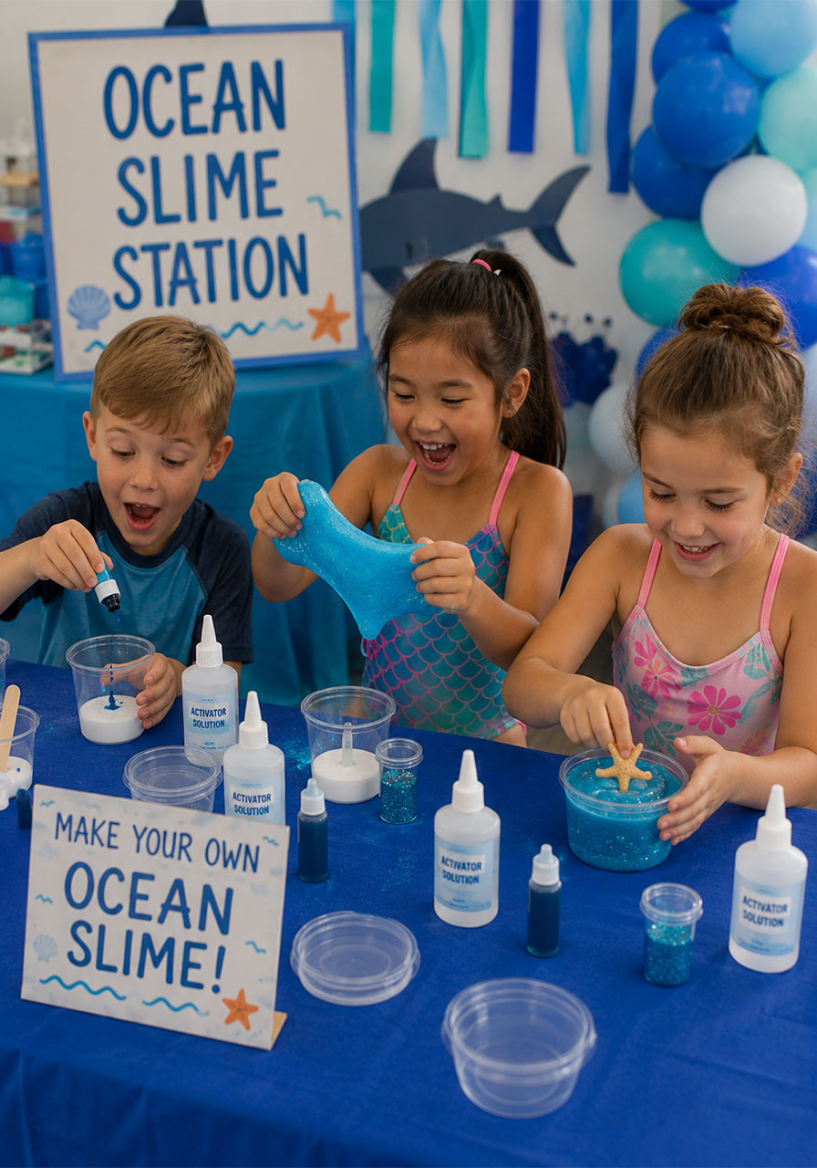 Kids making blue ocean glitter slime at shark party craft station with take-home containers and mini ocean figurines birthday activity