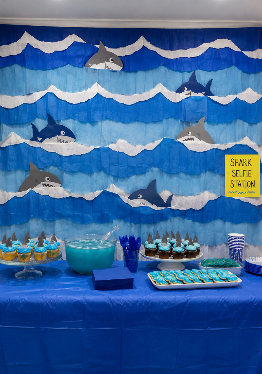 DIY ocean wave wall decoration with layered blue tissue paper waves and shark cutouts for kids shark themed birthday party