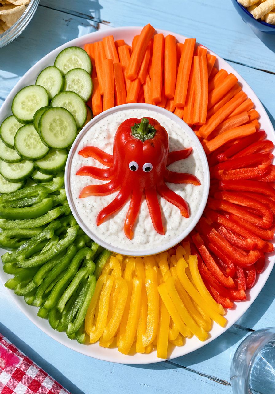 Octopus-shaped bell pepper dip platter surrounded by fresh vegetables