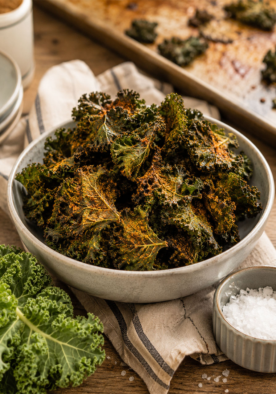 Crispy Old Bay seasoned kale chips in a ceramic bowl as a healthy summer camping snack
