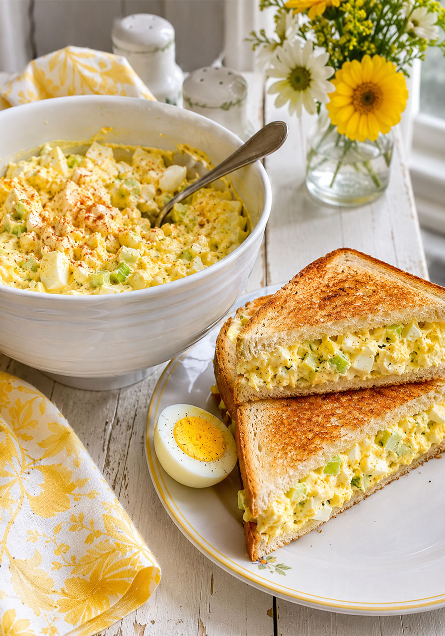 Old-fashioned egg salad in a bowl and served on toasted bread, a classic no-cook summer dinner recipe grandma made