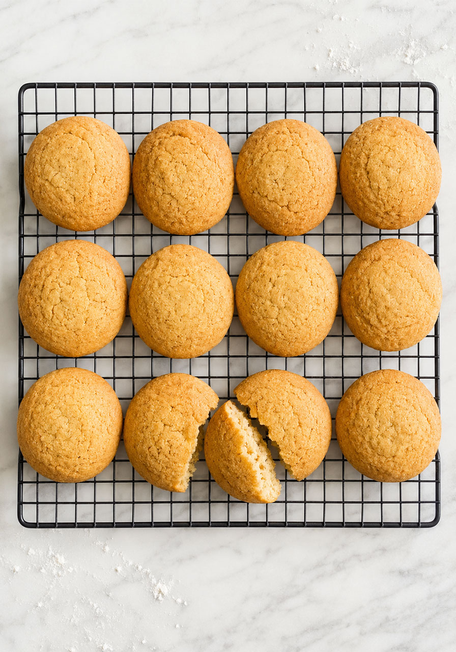 Batch of old fashioned Southern tea cakes cooling on a wire rack overhead view