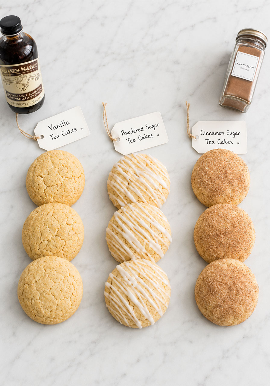 Three variations of old fashioned tea cakes: vanilla, glazed, and cinnamon sugar
