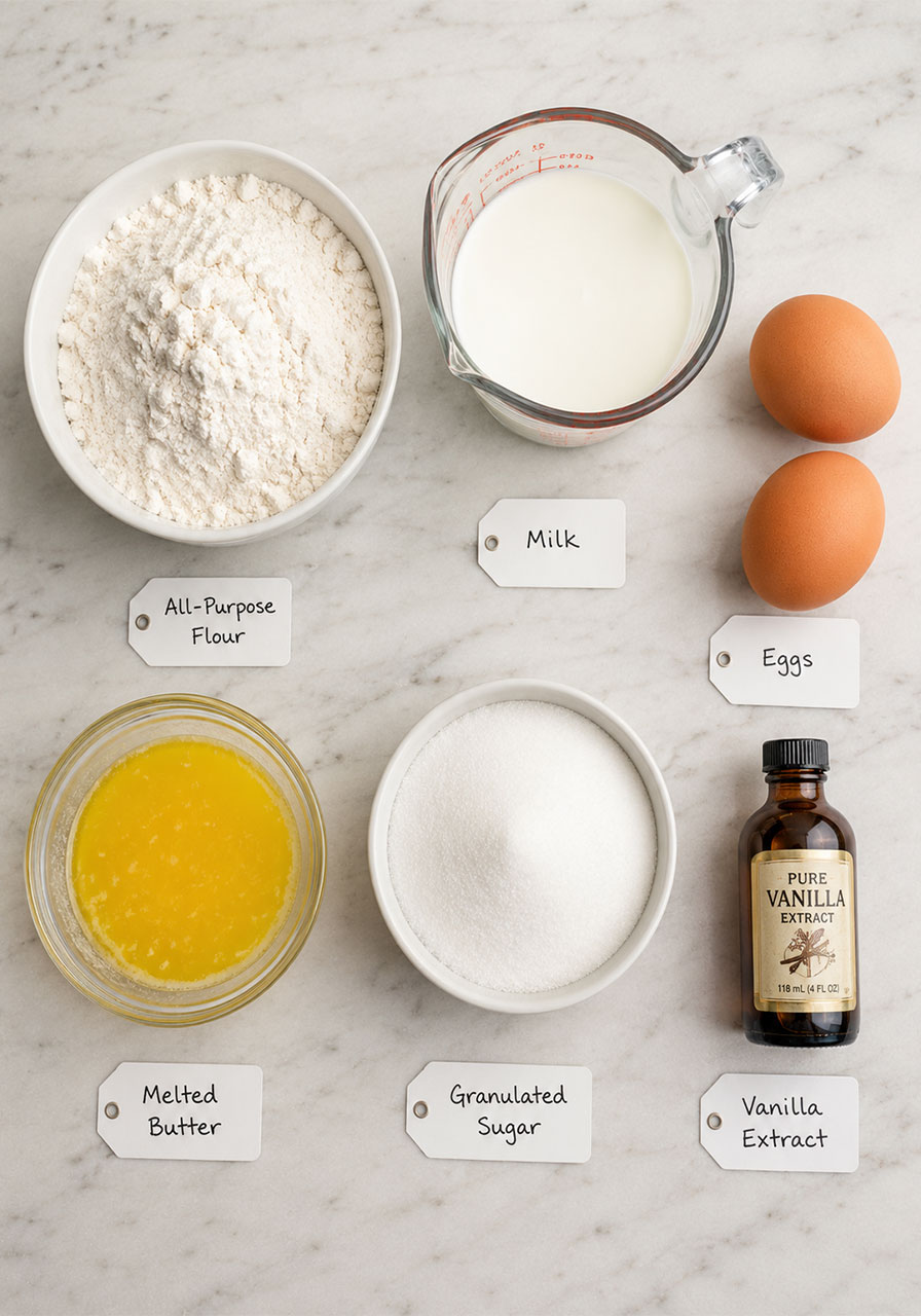Six simple ingredients for old fashioned Southern tea cakes laid out on marble