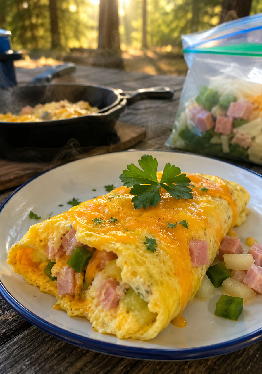 Finished omelet in a bag served on a white enamel camping plate outdoors, filled with ham, green pepper, and melted cheddar cheese
