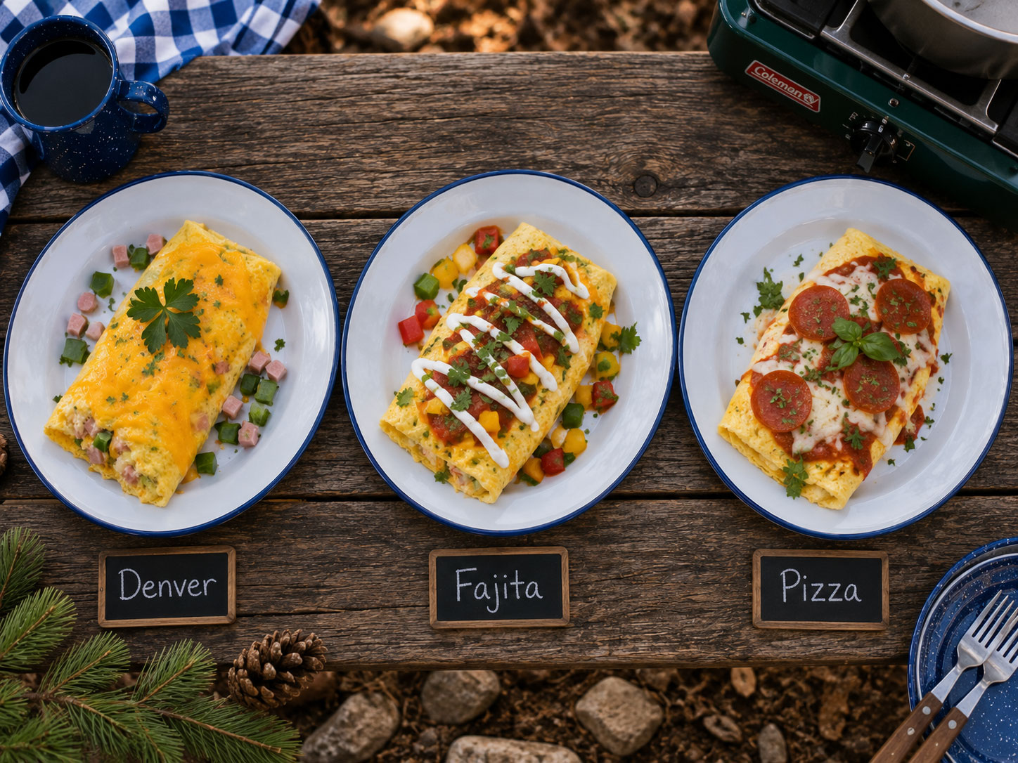 Three omelet in a bag variations side by side on camping plates: Denver omelet with ham and cheese, chicken fajita omelet with salsa, and pizza omelet with pepperoni