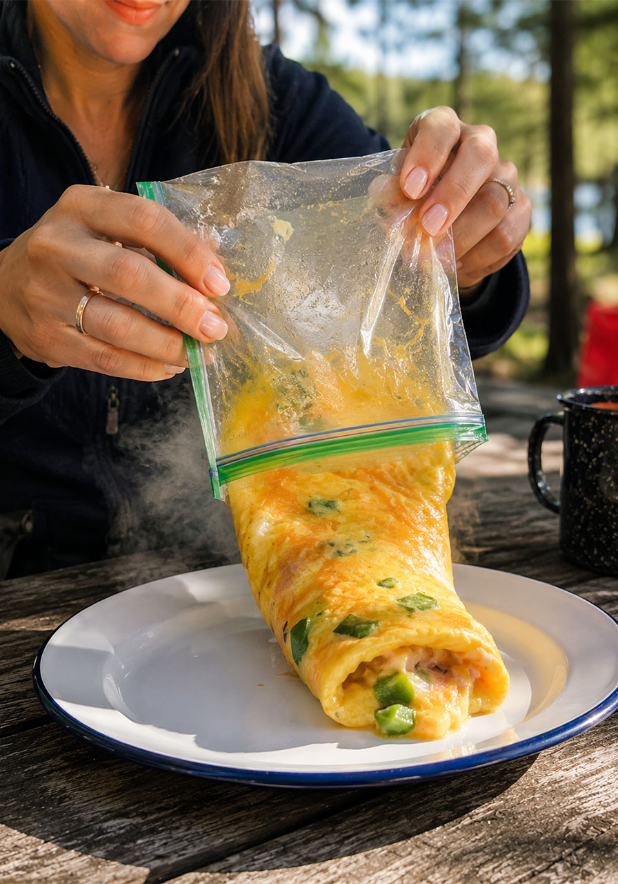 Cooked omelet sliding out of a Ziploc bag onto a camping plate, showing how easily the omelet in a bag rolls out after boiling