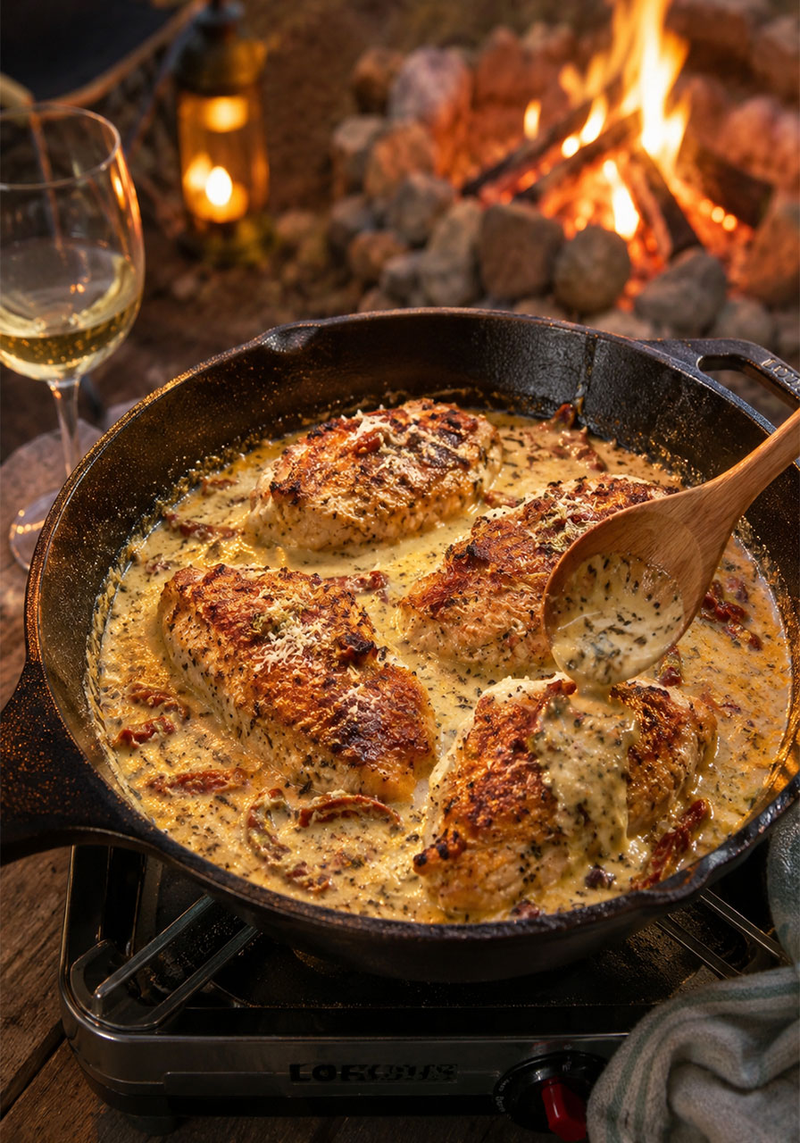 One-skillet marry me chicken with creamy parmesan sun-dried tomato sauce in a cast iron skillet at a campfire dinner