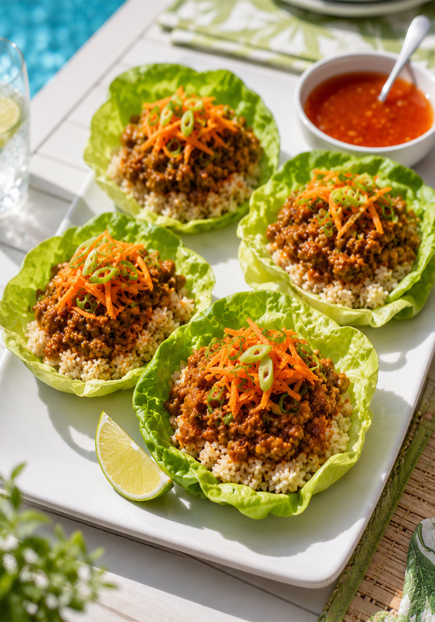 Orange beef lettuce wraps with brown rice, shredded carrots and scallions – light and fresh pool party appetizer