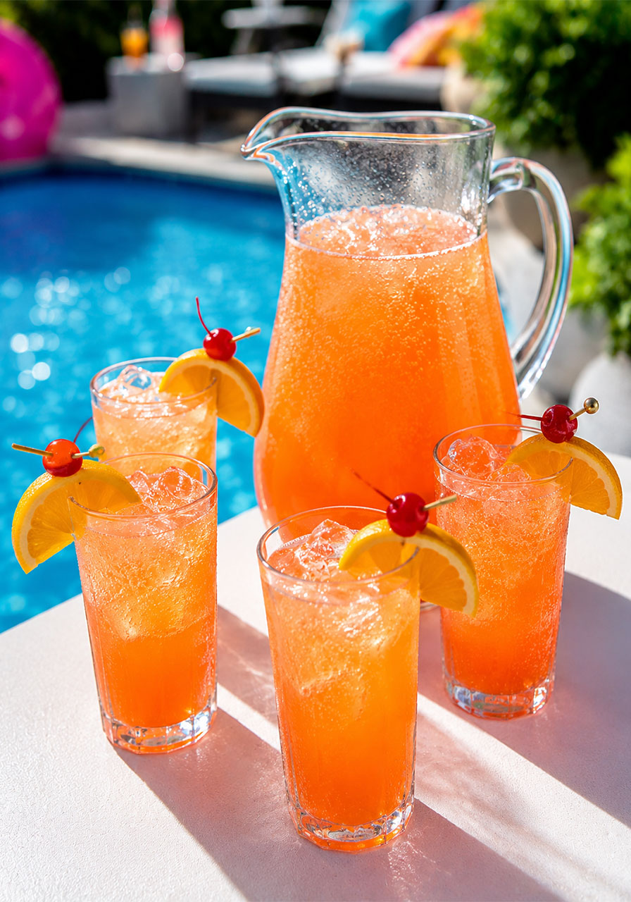 Sparkling orange juice spritzer with maraschino cherry garnish – quick and easy 5-minute pool party drink