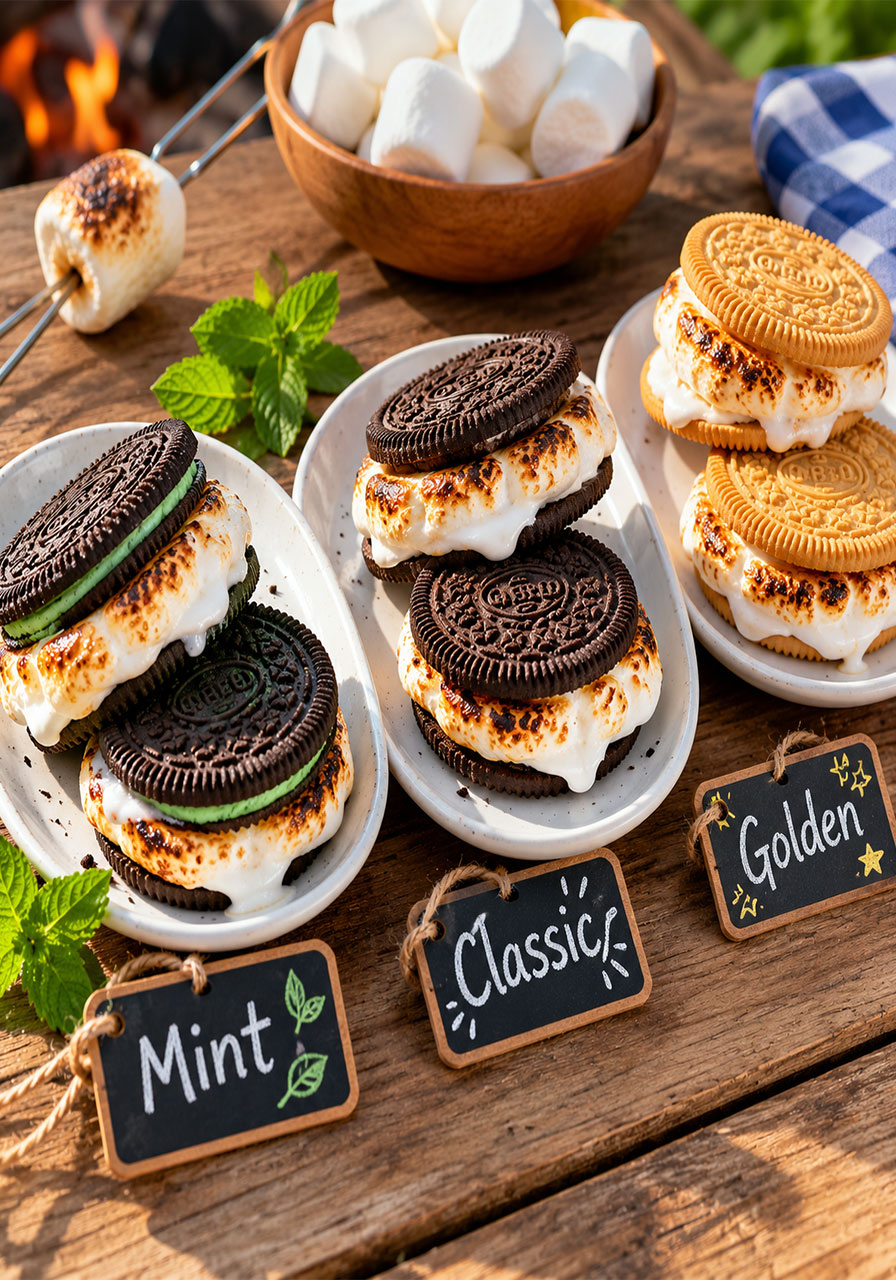 Oreo s'mores made with mint, classic, and golden Oreo cookie variations