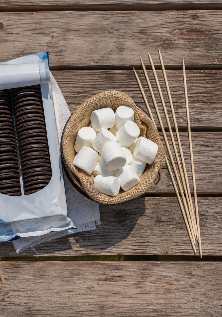 Three ingredients needed for Oreo s'mores: cookies, marshmallows, and skewers