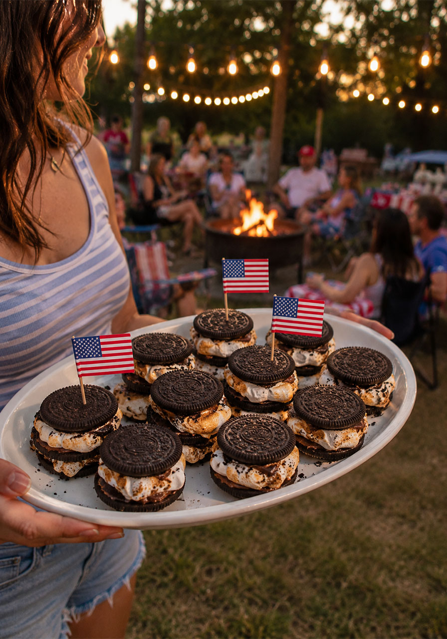 Platter of Oreo s'mores served at a backyard 4th of July party