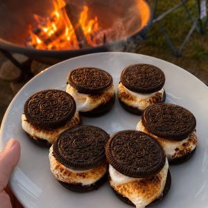 Plate of Oreo s'mores with toasted marshmallow served by a campfire
